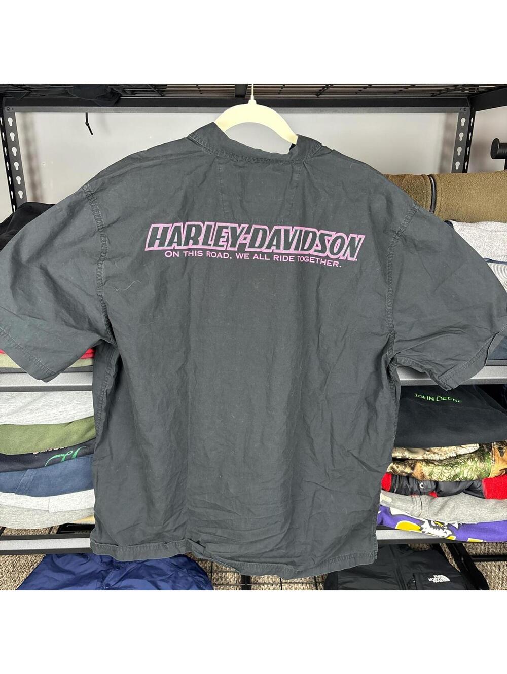 Vintage Y2K Harley Davidson Button Up Work Shirt Mens XL Black Logo